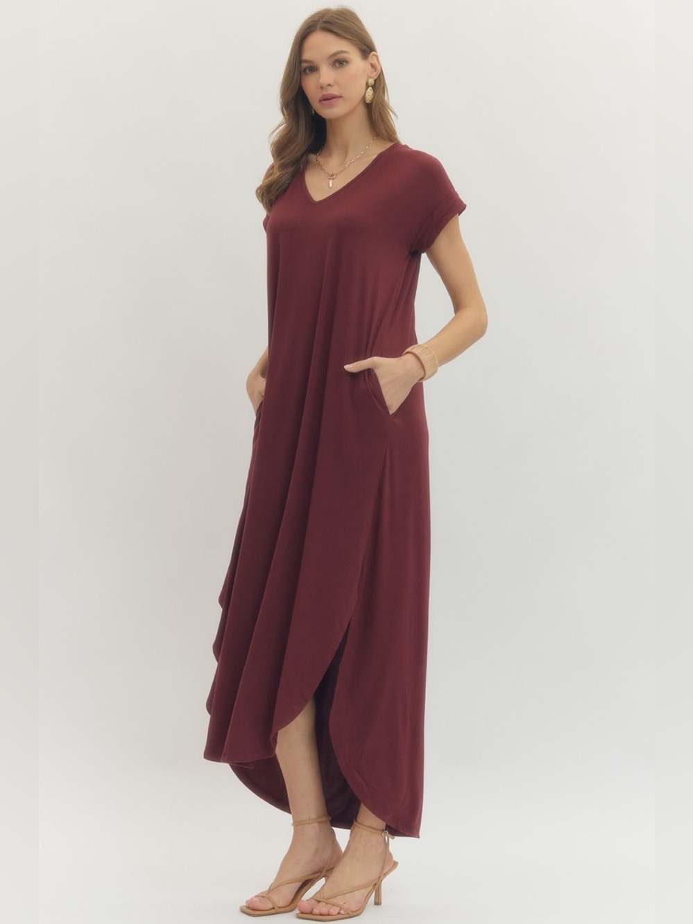 🆕 Entro Solid jersey knit V-neck round hem maxi dress - Picture 2 of 7